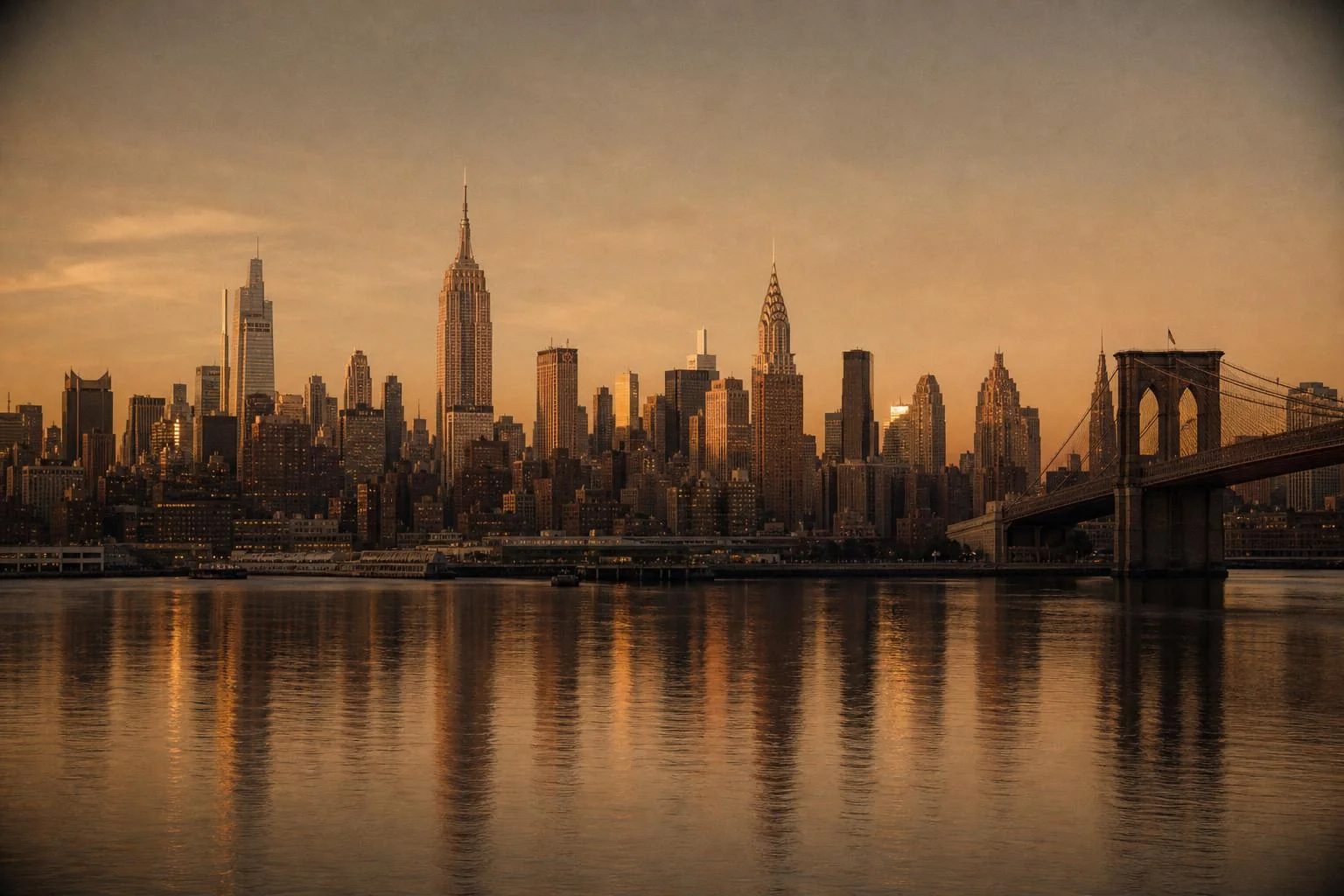 Manhattan skyline across the East River at golden hour